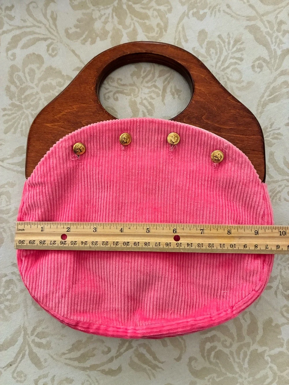 J.G. Hook Bermuda Bag Wood Handles Gold Anchor Buttons Pink Corduroy Cover